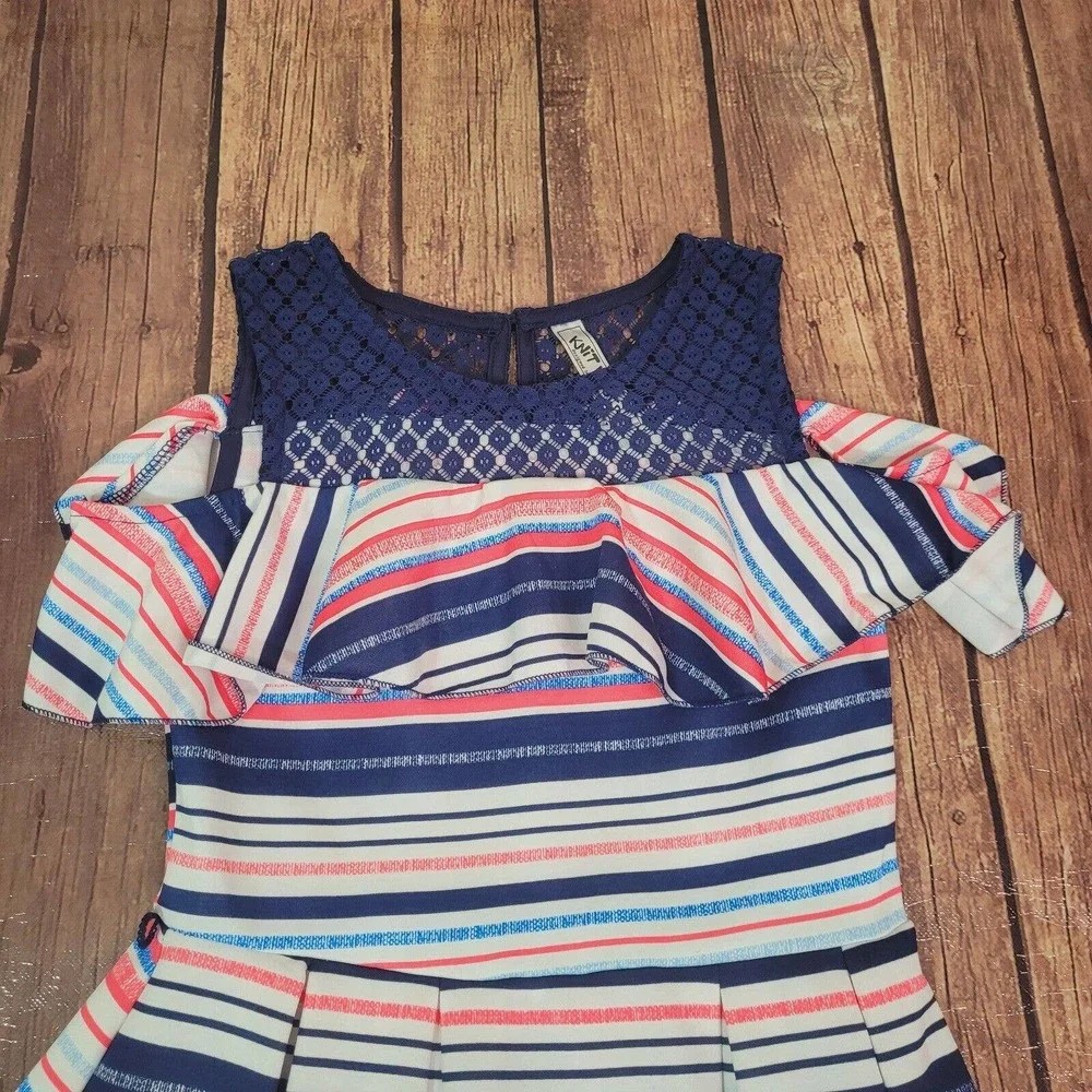 Knitworks Girls Dress Blue 7 Cold Shoulder Strip Fit & Flare Missing Belt